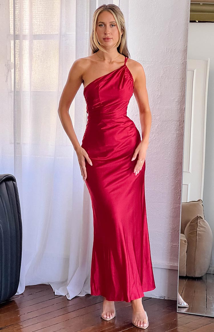 Beginning Boutique Tina Red Formal Maxi Dress red satin one-shoulder maxi dress with ruched bodice and bodycon fit