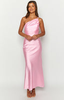 Beginning Boutique Tina Pink Formal Maxi Dress pink satin one-shoulder ruched maxi dress