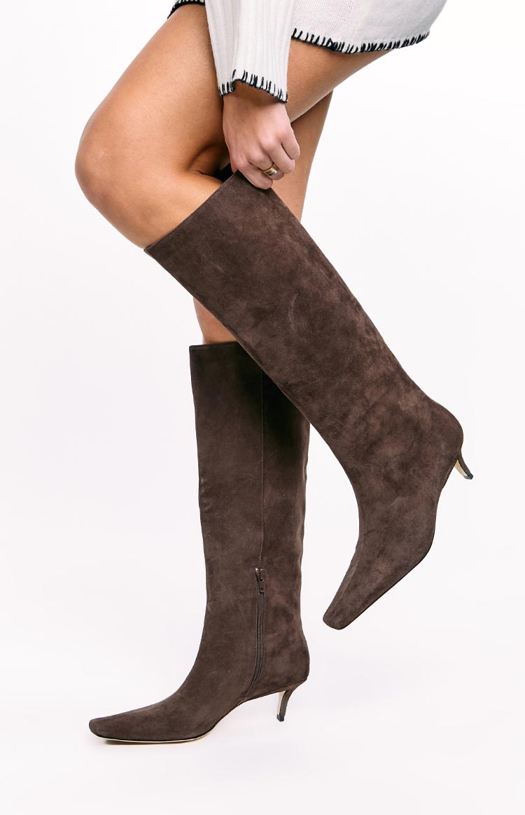 Beginning Boutique Tony Bianco Zuri Espresso Suede Calf Boots espresso suede knee-high boots with pointed toe kitten heel and side zipper