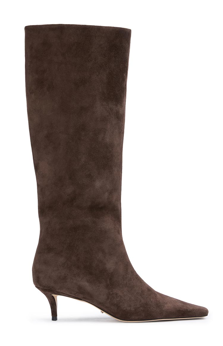 Side view of an espresso brown suede calf boot with a pointed toe and kitten heel