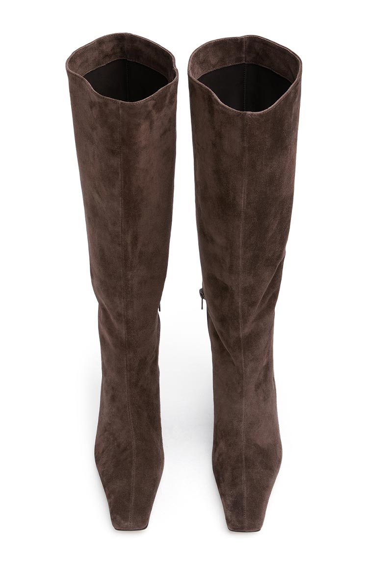 Top-down view of espresso brown suede calf boots showing the shaft opening and side zipper
