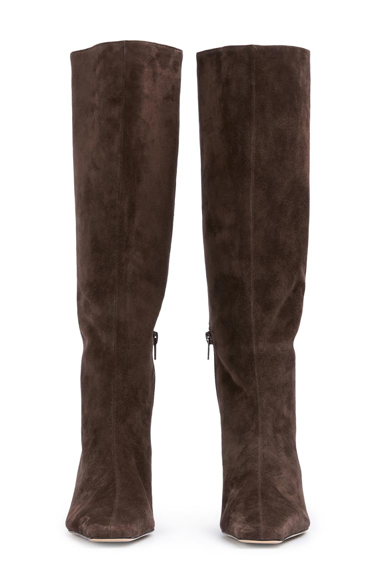 Rear view of espresso brown suede calf boots with a subtle pointed toe and full-length inner side zippers