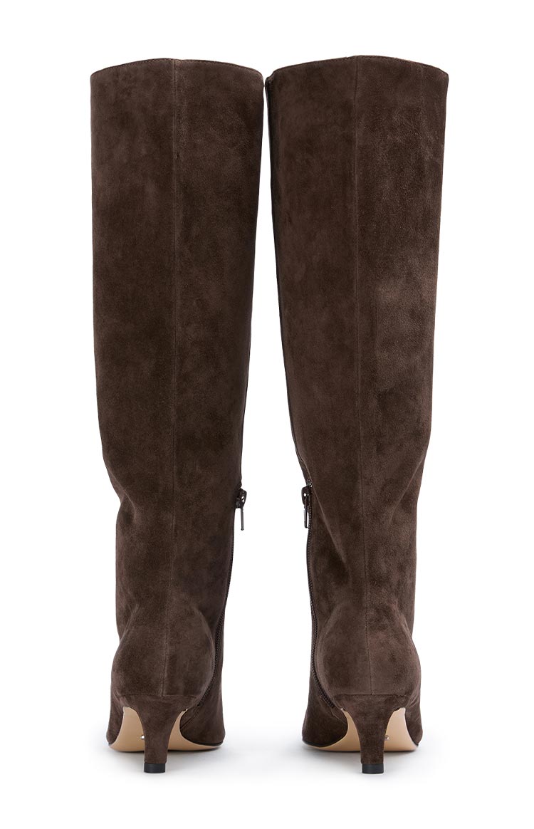 Back view of espresso brown suede calf boots showing the full-length zippers and kitten heels