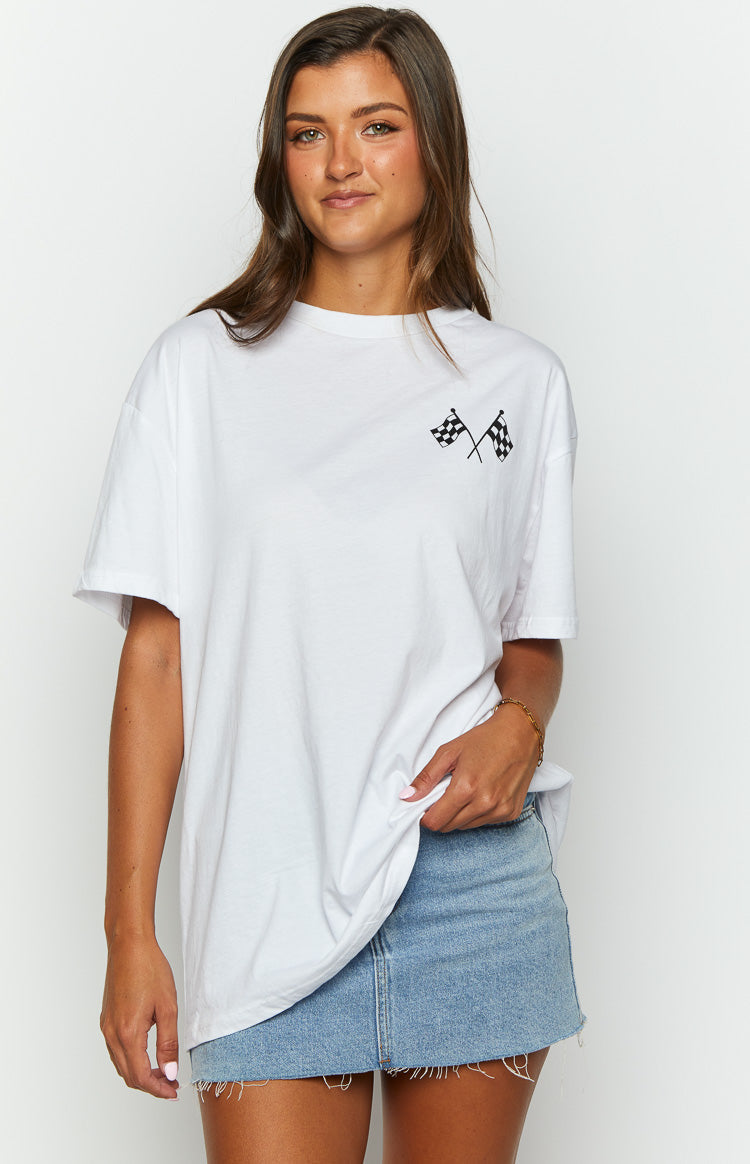 Beginning Boutique Too Quick White Tee white oversized crew neck tee with short sleeves and checkered flag graphic on chest