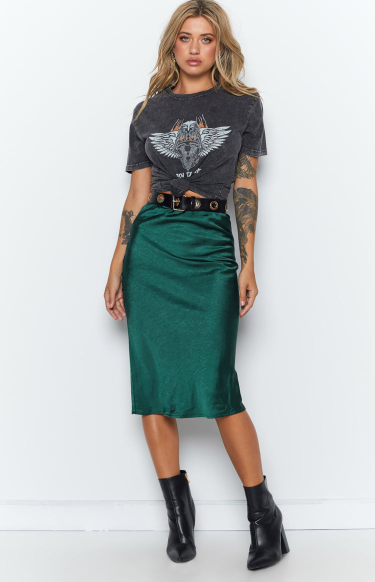 Sleek emerald green satin midi skirt with a bodycon fit and smooth flowing silhouette