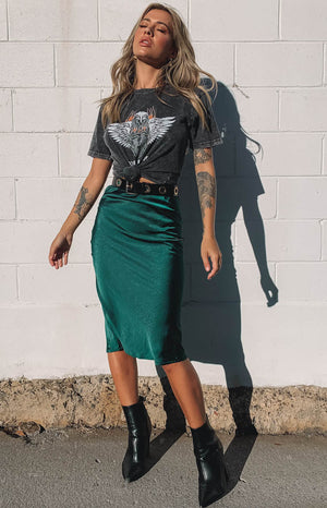 Emerald Trisha Midi Skirt, a high-waisted, flowing satin midi skirt with a subtle A-line cut