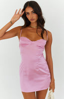 Beginning Boutique Trouble Pink Mini Dress light pink satin bodycon mini dress with lace trim sweetheart neckline and spaghetti straps