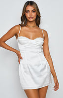 Beginning Boutique Trouble White Mini Dress white satin bustier mini dress with lace trim and thin spaghetti straps