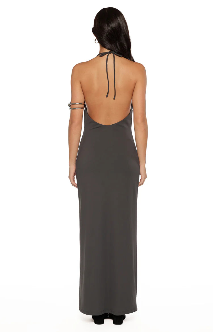 Rear view of a grey maxi dress with a low scoop back and halter neck ties