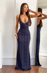 Full length navy lace maxi dress with deep V-neck and ruched bodycon waist
