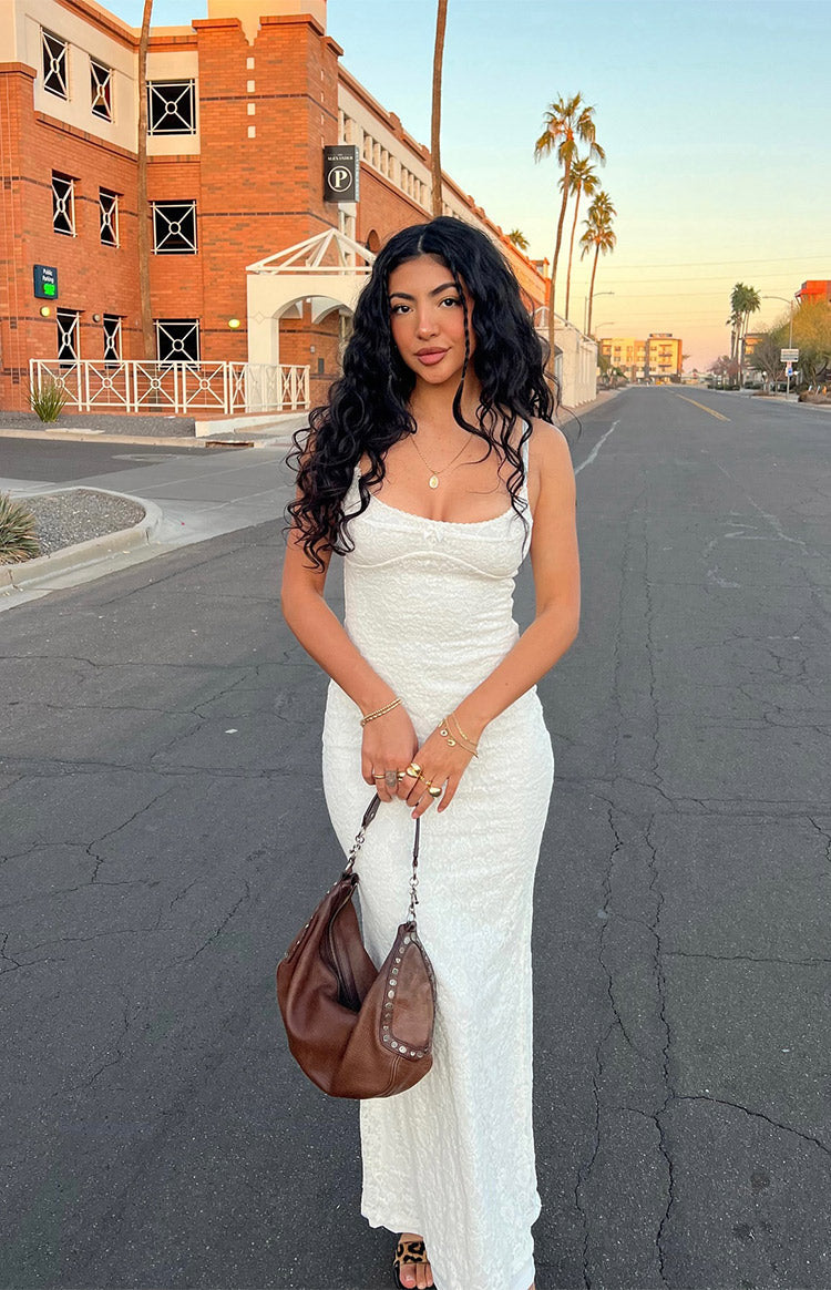 Beginning Boutique Elora White Lace Maxi Dress white lace sweetheart neckline spaghetti strap fitted maxi dress