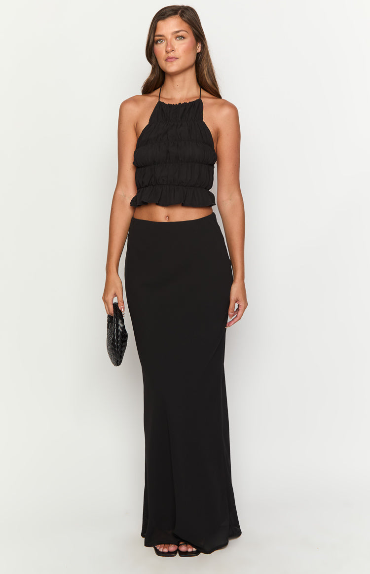 Black ruched halter neck crop top with a ruffled hem