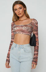 Undercover Brown Print Mesh Top Image