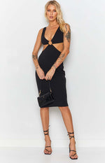 Black sleeveless midi dress with plunge V-neck, O-ring bust detail, and large side cutouts