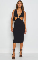 Sleeveless black bodycon midi dress with a plunging V-neckline and gold O-ring detail creating waist cutouts