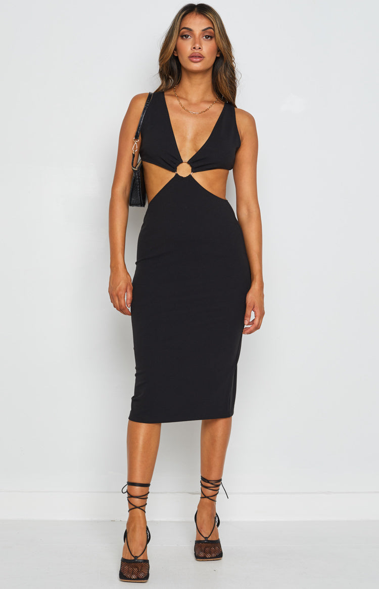 Sleeveless black bodycon midi dress with a plunging V-neckline and gold O-ring detail creating waist cutouts