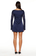 Rear view of a navy satin mini dress with long lace sleeves and a square back neckline