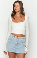 Beginning Boutique Vida White Long Sleeve Top white textured knit long sleeve top with open back and tie detail