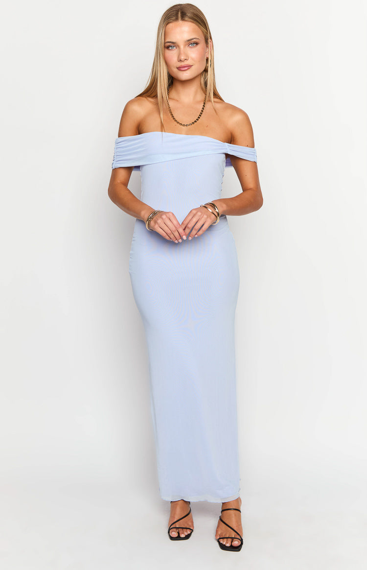 Full-length front view of a lilac bodycon maxi dress with a ruched off-the-shoulder neckline