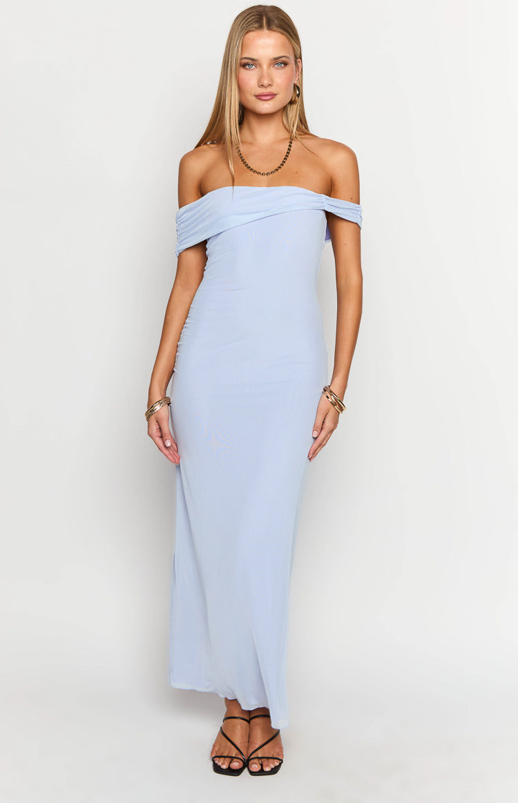 Lilac off-shoulder maxi dress with a draped neckline and bodycon fit