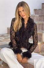 Beginning Boutique Violetta Black Lace Fur Trim Top black lace long sleeve top with fur trim neckline and cuffs