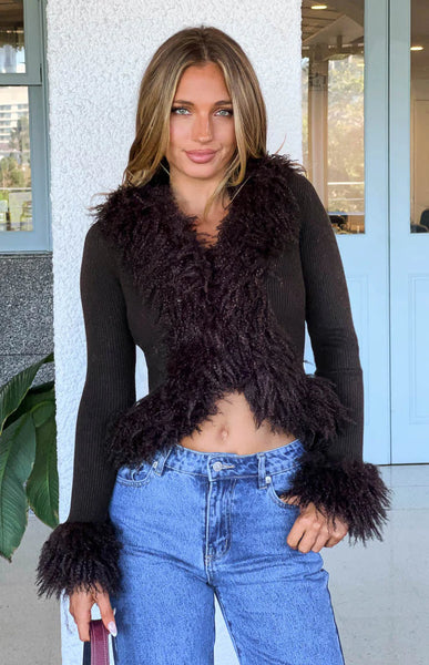Violetta Chocolate Fur Trim Knit Cardigan | Beginning Boutique NZ