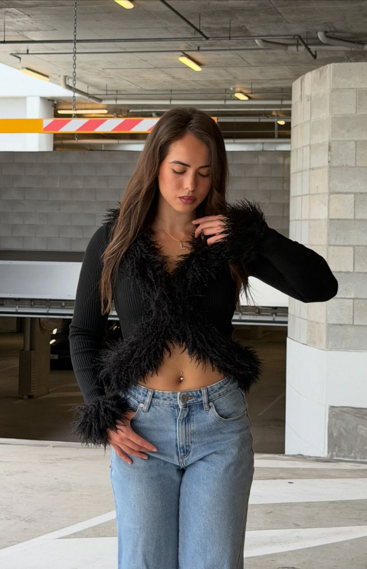 Black ribbed knit cardigan with a V-neckline and fluffy fur trim along the neckline and cuffs