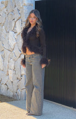 Cropped chocolate knit cardigan with fluffy fur trim on the open front and sleeve cuffs