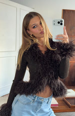 Chocolate ribbed knit cardigan with shaggy fur trim on V-neck, cuffs, and cropped hem