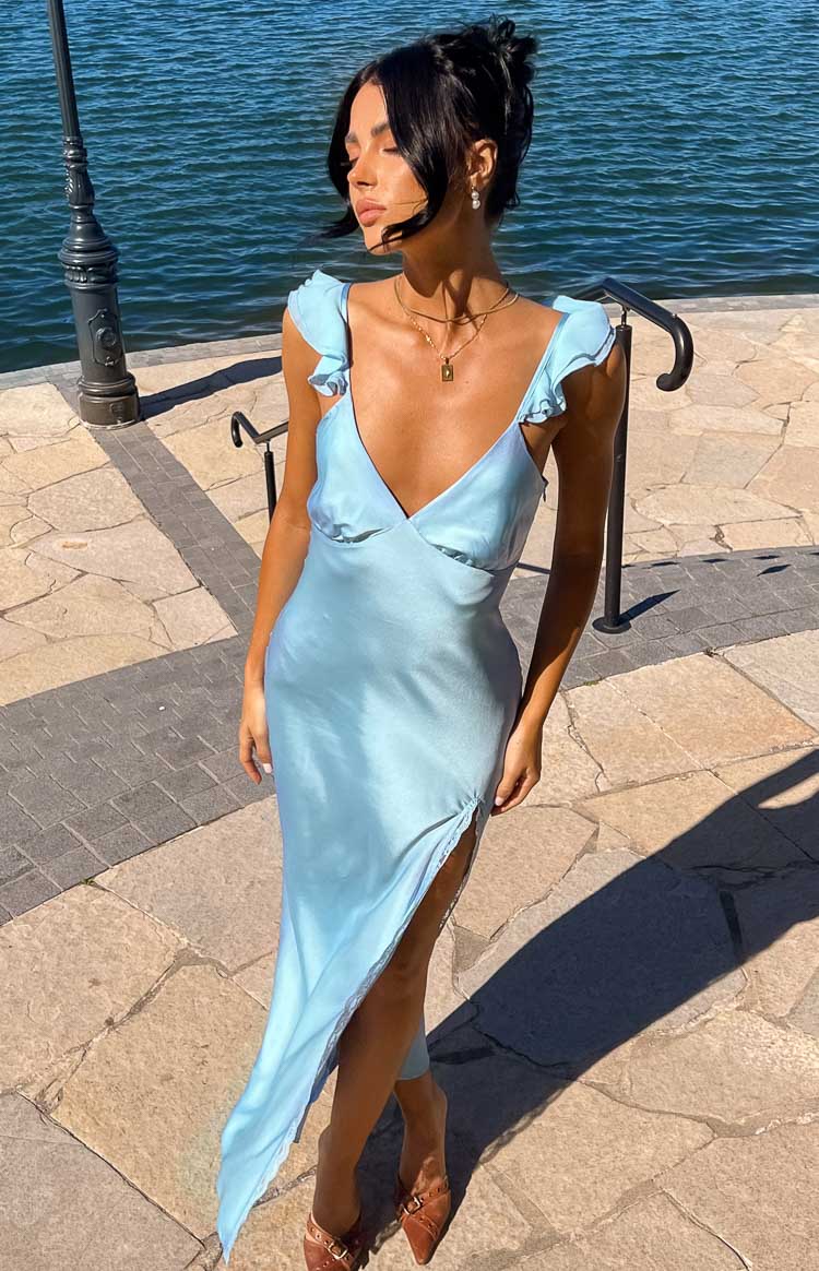 Beginning Boutique Wendy Blue Maxi Dress light blue satin V-neck maxi dress with ruffled cap sleeves and a high side slit