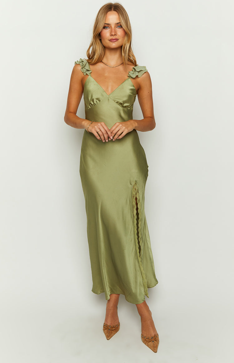 Sage green satin V-neck maxi dress with ruffled shoulder straps and a lace-trimmed side split