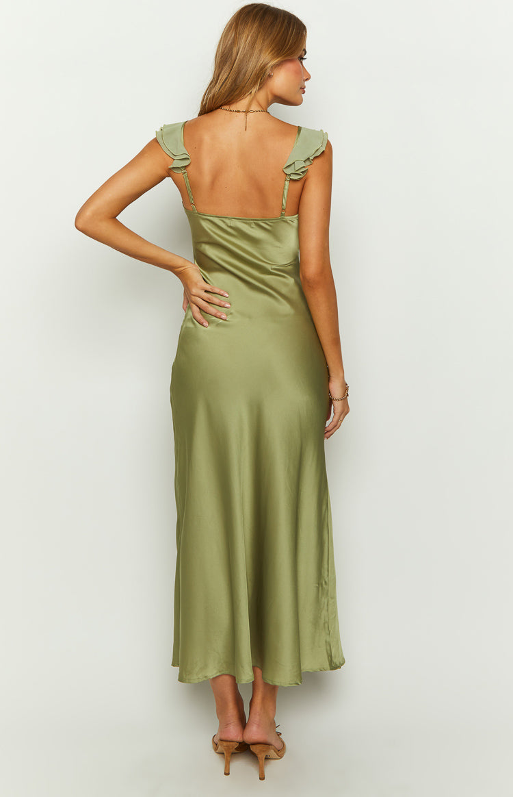 Rear view of a sage satin maxi dress with ruffled shoulder straps and a low scoop back
