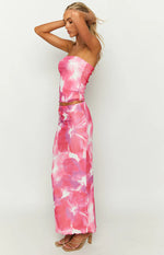 When In Rome Pink Floral Print Mesh Maxi Skirt