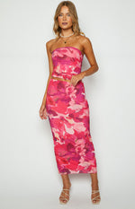 Pink abstract floral print mesh maxi skirt with a fitted silhouette and ruched detailing