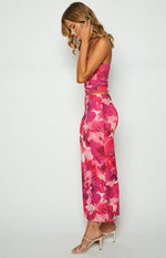 Side view of the pink and fuchsia floral print mesh maxi skirt with a relaxed, flowy fit