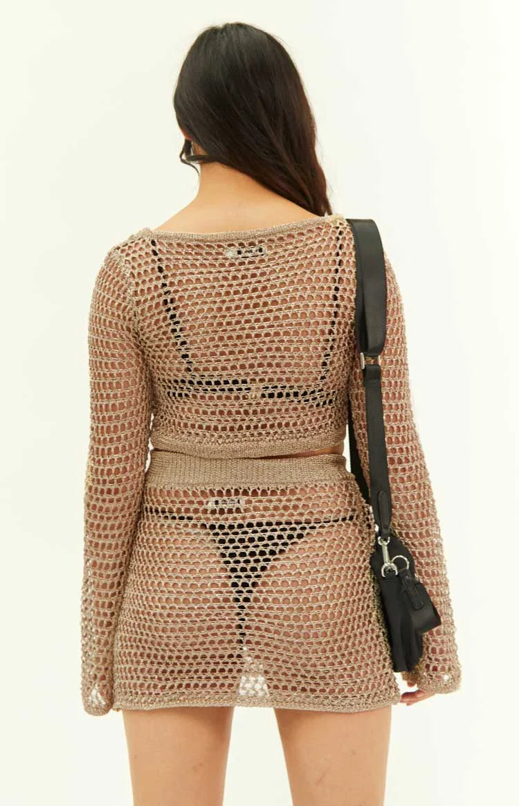 Wild Thoughts Gold Metallic Fishnet Mini Skirt