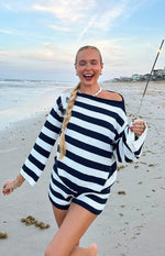 Beginning Boutique Willa Navy Stripe Knit Shorts navy and white stripe knit relaxed fit high-waisted shorts
