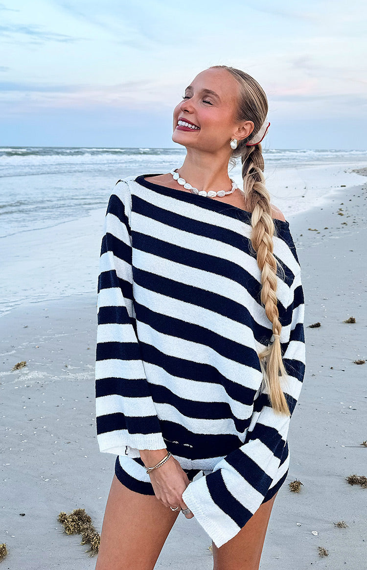 Beginning Boutique Willa Navy Stripe Off Shoulder Knit Sweater navy and white horizontal stripe off-shoulder knit sweater wit