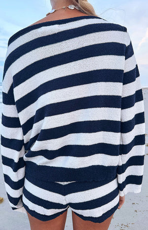 Willa Navy Stripe Off Shoulder Knit Sweater