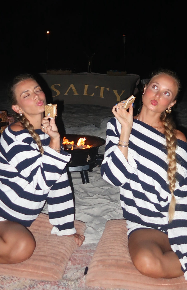 Navy and white stripe off shoulder knit sweater with wide relaxed sleeves