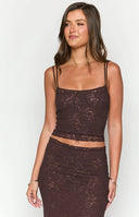 Beginning Boutique Willow Brown Lace Tank Top brown floral lace scoop neck tank with thin adjustable spaghetti straps and a c