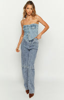 Beginning Boutique Wilma Mid Wash Denim Button Top mid wash denim strapless button front corset top
