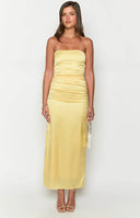 Beginning Boutique Yellow Bloom Satin Strapless Maxi Dress light yellow satin strapless maxi dress with side ruching