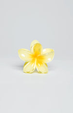 Glossy translucent yellow frangipani flower clip with a bright yellow centre