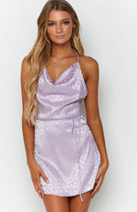 Lilac leopard print Your LA Catch mini dress with cowl neck, halter straps, and a wrap-style tie waist