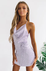 Your LA Catch Cowl Neck Mini Dress Lilac Leopard Image
