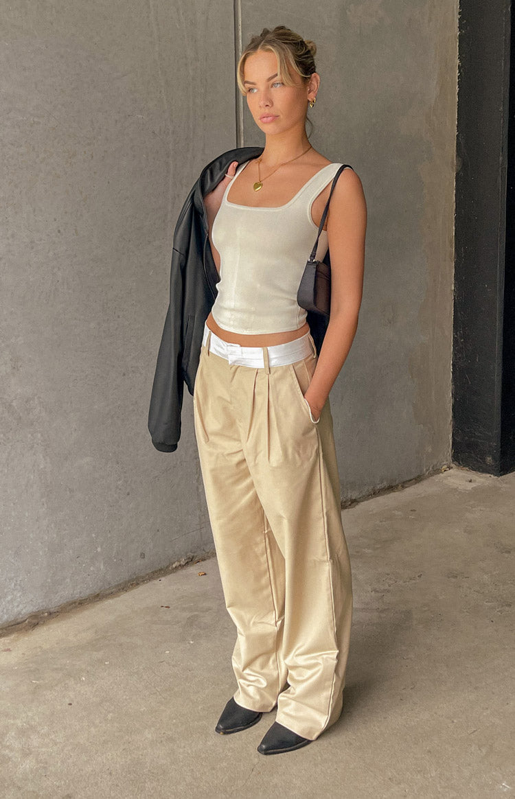 Beginning Boutique Zion Tan Waist Pant tan wide-leg pants with a relaxed fit, pleated front, and white contrast waistband