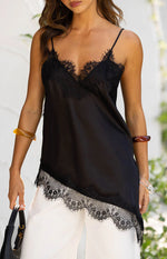 Ziva Black Satin Lace Trim Asymmetrical Top
