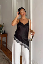 Ziva Black Satin Lace Trim Asymmetrical Top