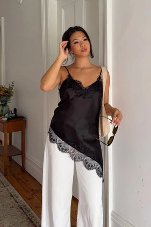 Ziva Black Satin Lace Trim Asymmetrical Top
